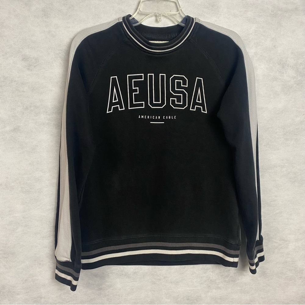 American Eagle Men XS Black Silver Reflective Graphic Heavy Sweatshirt